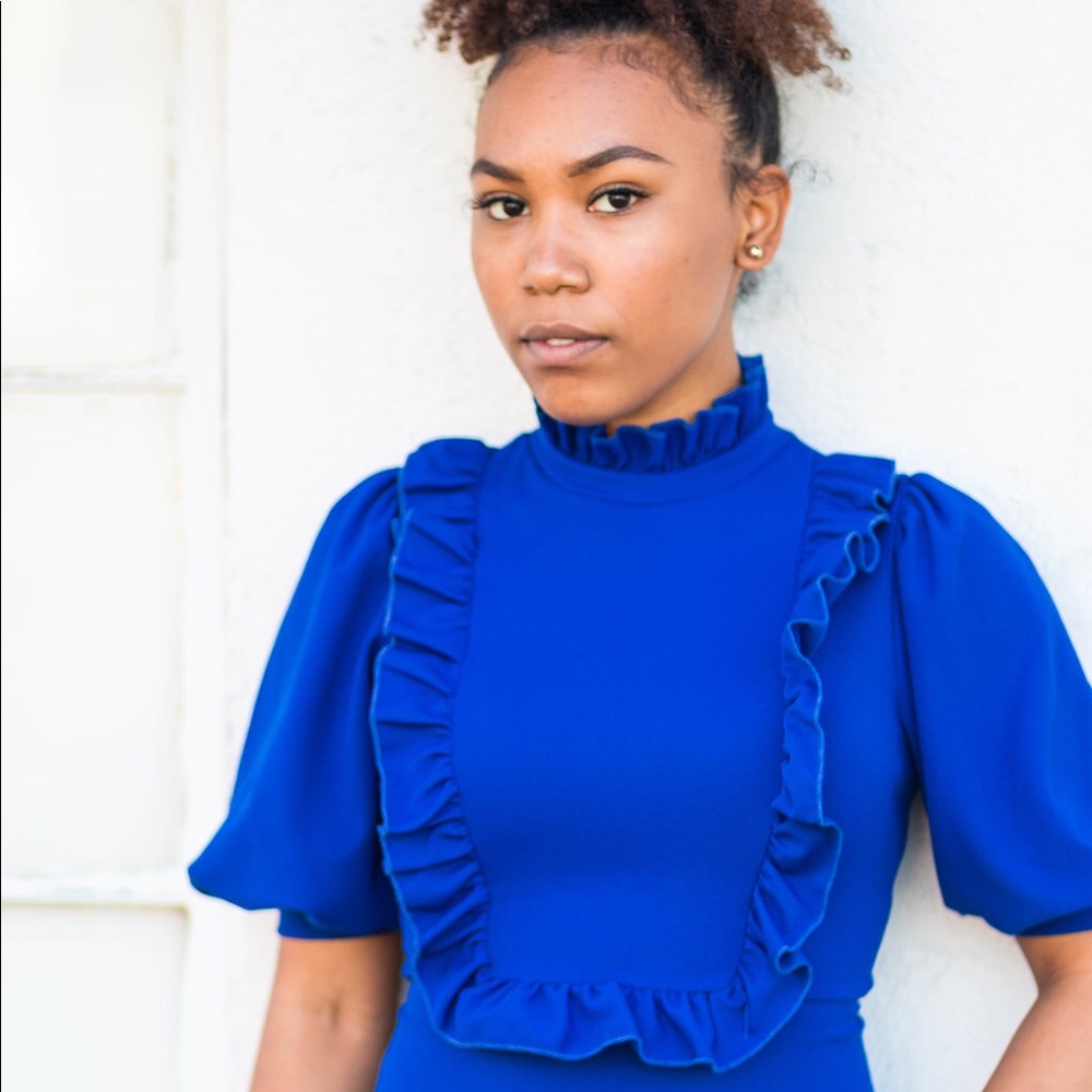 Puff Sleeve Ruffle Bodycon Dress - Picture 3 of 4